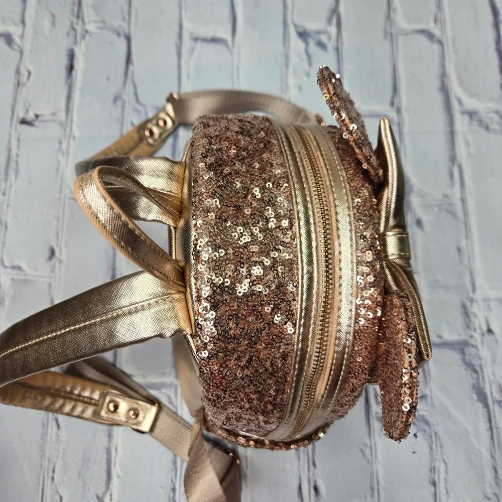 Loungefly Disney Parks Rose Gold Sequin Minnie Mouse Backpack Bow Ears Purse‎
